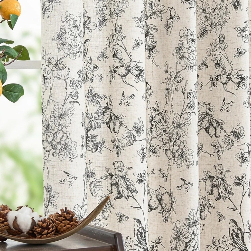 Jin Chan NWT 2 Panels- Fruit & Floral Linen Blend Curtains 50"Wx96"L Cream/Black